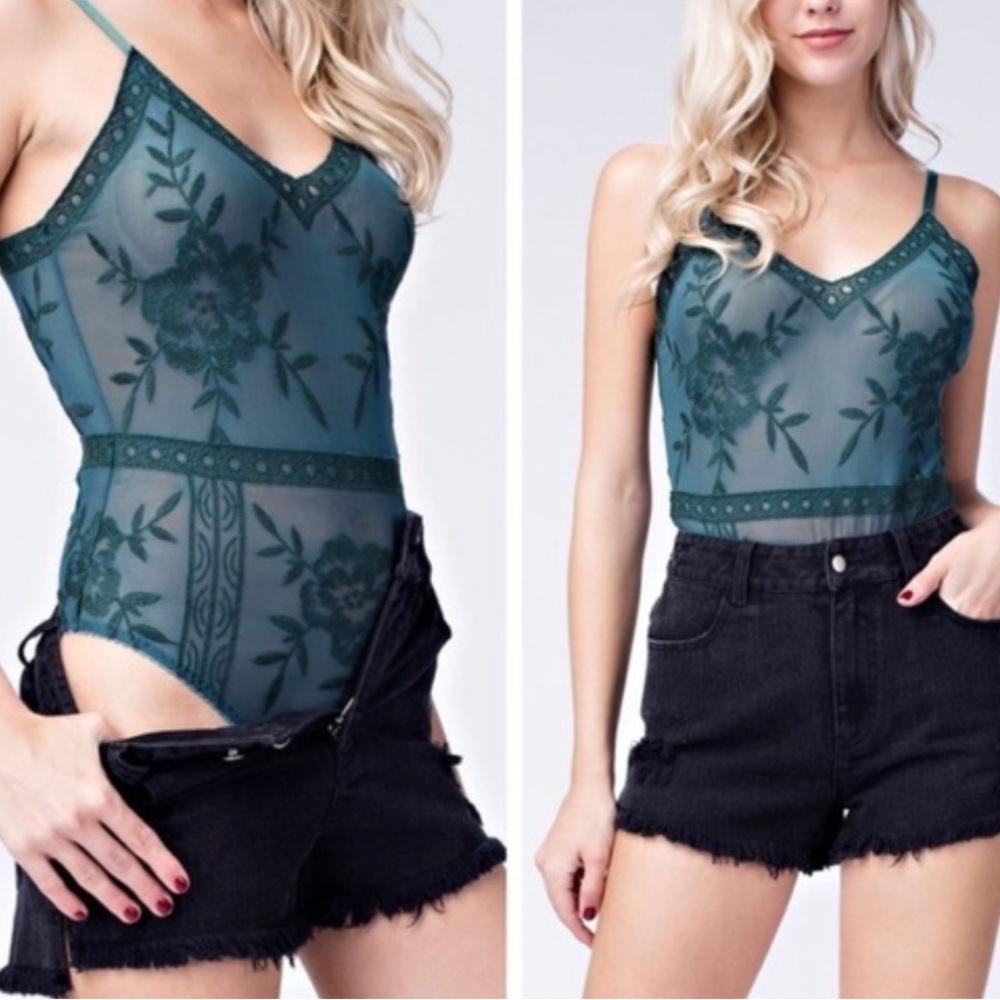 Honey Bum Embroidered Lace
Bodysuit Green